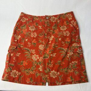 Eddie Bauer Flowered Mini Skirt Sz 10 Rust Green Tan 100% Cotton Zip Front Slit